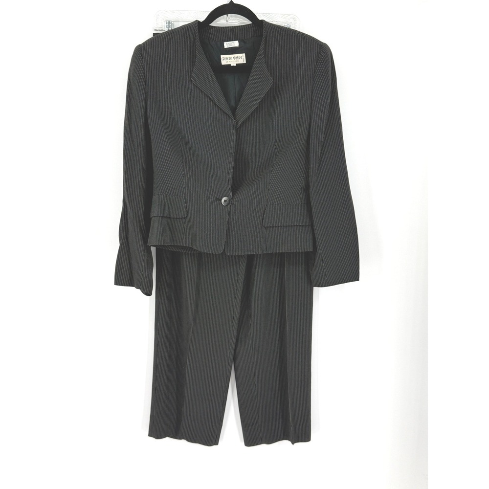 Vintage Giorgio Armani Collezioni Pinstripe Short Top Wide Leg Pant Suit Black